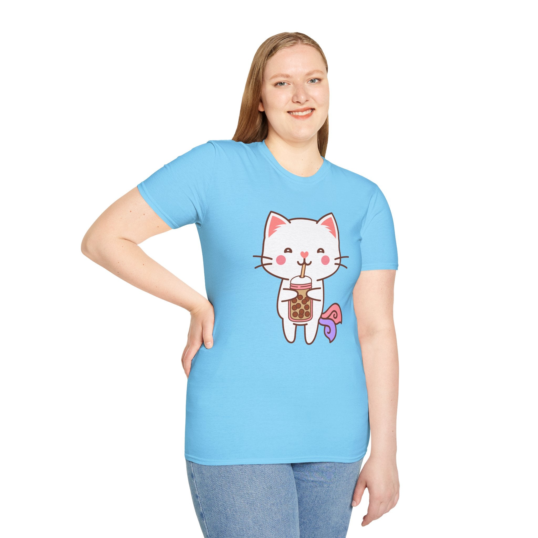 Cat Boba Tea Bubble Tea Anime Kawaii Neko Softstyle T-Shirt, Cute Japanese Kitty Drink Tee, Fun Cartoon Cat Lover Shirt, Trendy