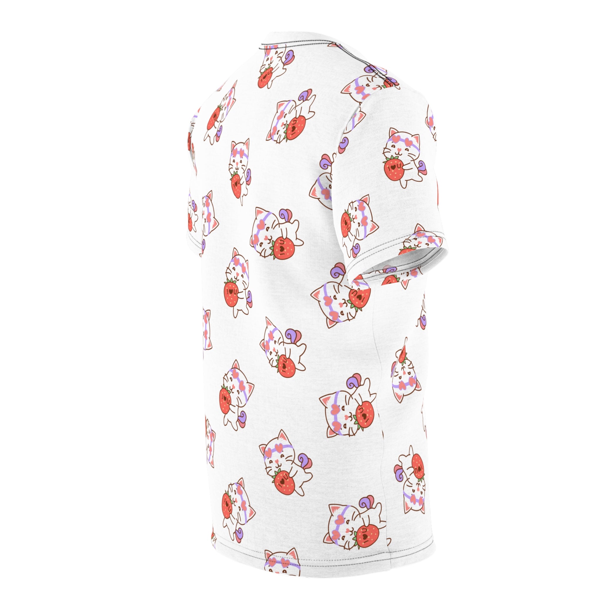 Cute Cat with Strawberry I Love you T-Shirt, Funny Cat Lover Tee, Graphic Cat Shirt, Kawaii Kitty Top, Cat and Fruit Design
