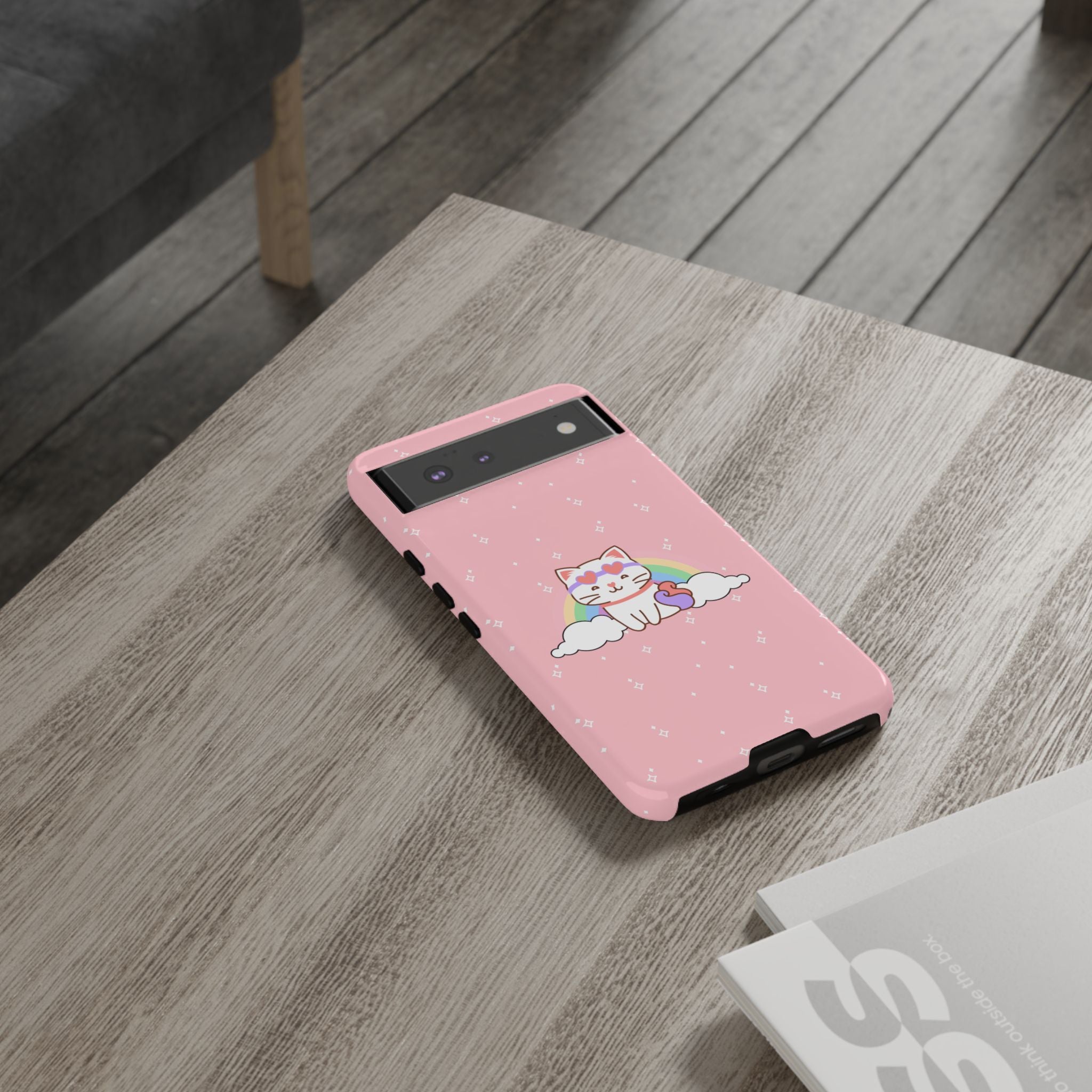 Kawaii Cat Rainbow Tough Cases, Cute Kitty Phone Cover, Protective Phone Case, Adorable Cat Lover Gift, Fun Rainbow Cat Phone Accessories