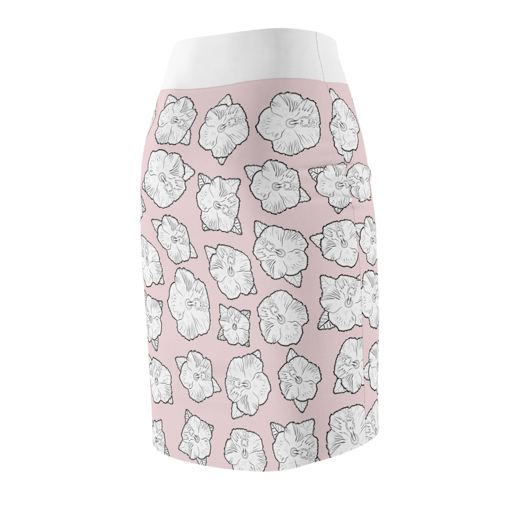 Poppy Pattern Pink Women's Pencil Skirt - Floral Print High Waisted Midi Skirt, Fashionable Spring Outfit, Cute Patterned Knee Length