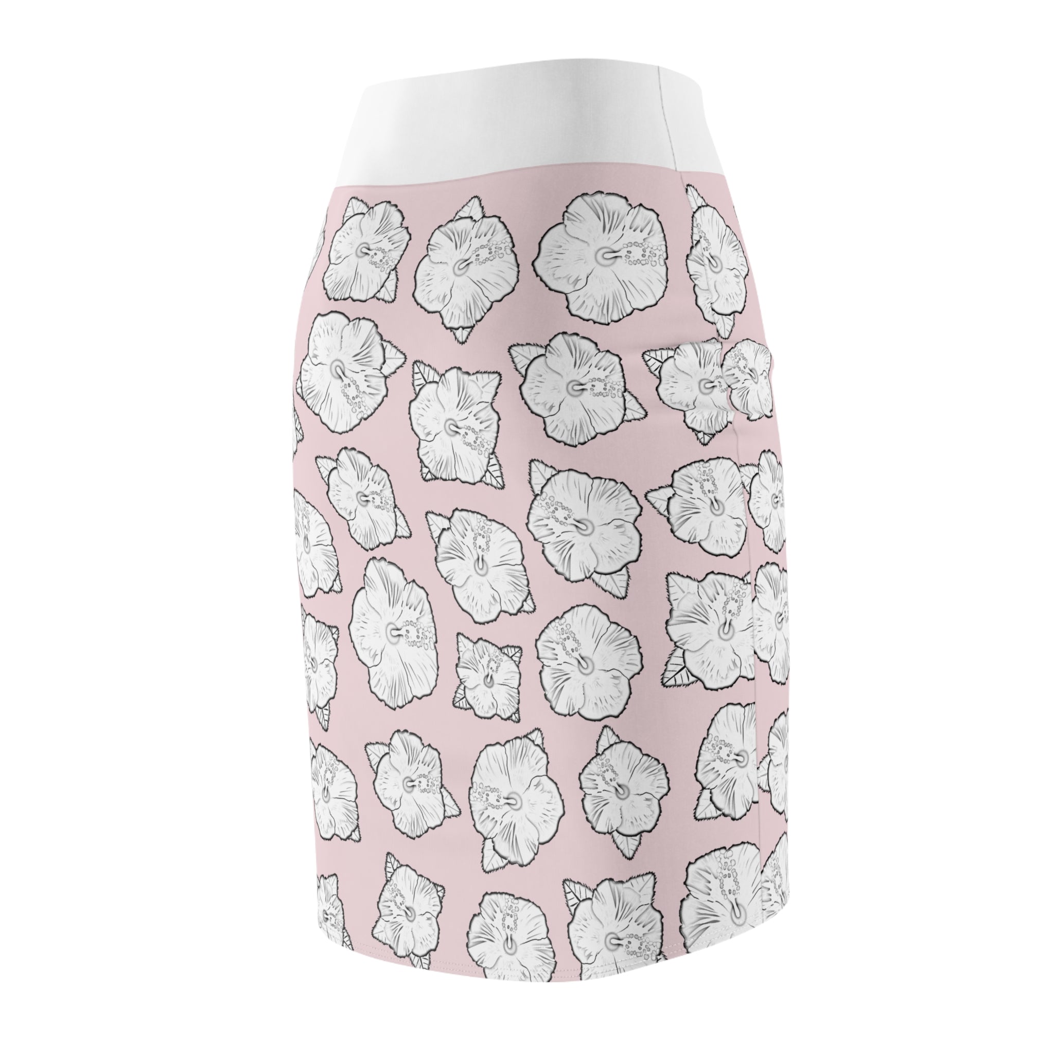 Poppy Pattern Pink Women's Pencil Skirt - Floral Print High Waisted Midi Skirt, Fashionable Spring Outfit, Cute Patterned Knee Length