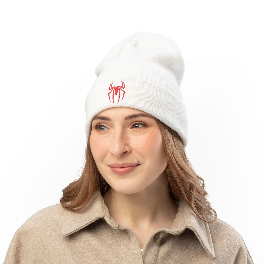Embroidered Black Spider Knit Beanie — Halloween Spider Hat