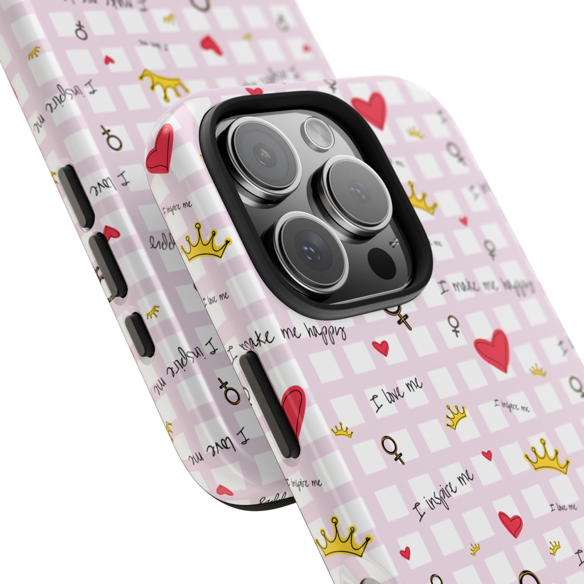 Cozy Hearts & Crowns Phone Case, Heart Design Protective Phone Cover, Crown Pattern Tough Case, Girly Phone Accessories, Valentine's Day