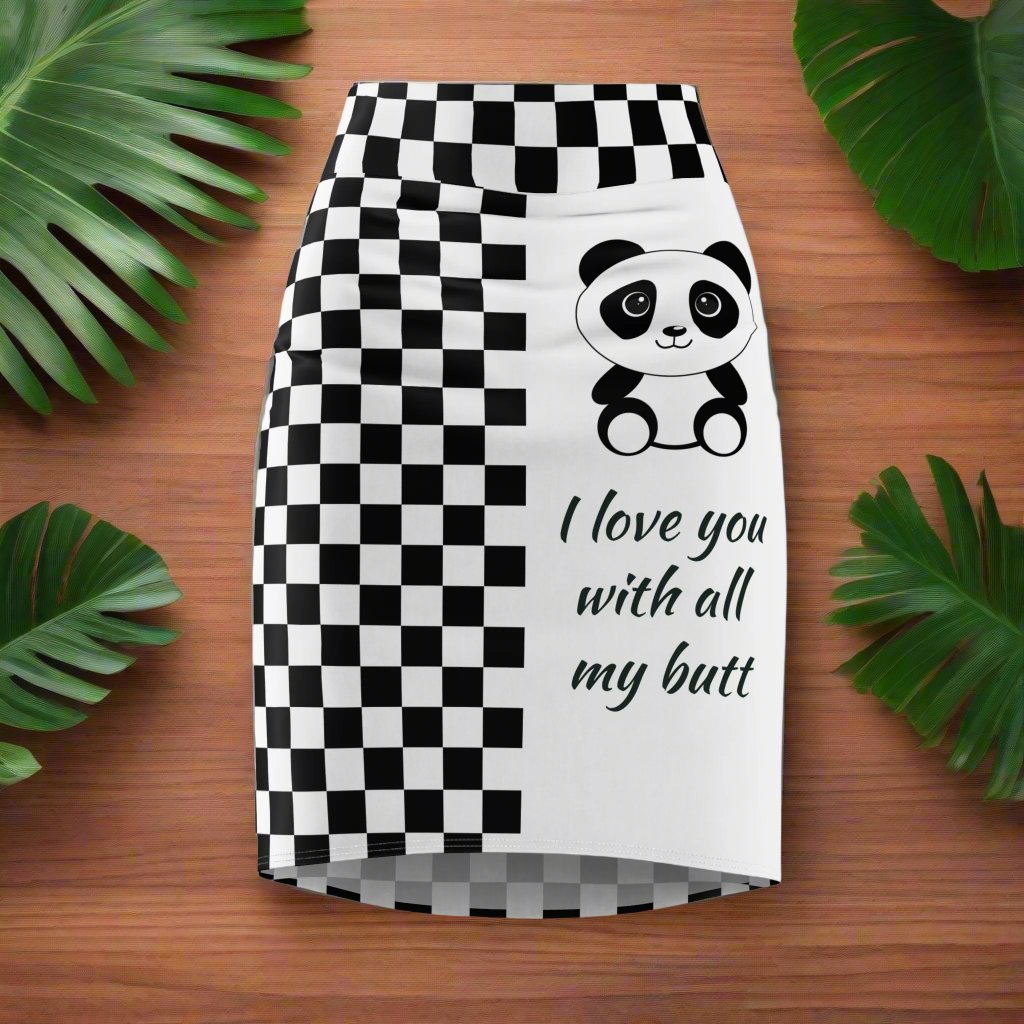 Chessboard Kawaii Panda Women's Pencil Skirt, Cute Panda Print Skirt, Black and White Checkered Skirt, Fun Animal Design Bottoms, Unique
