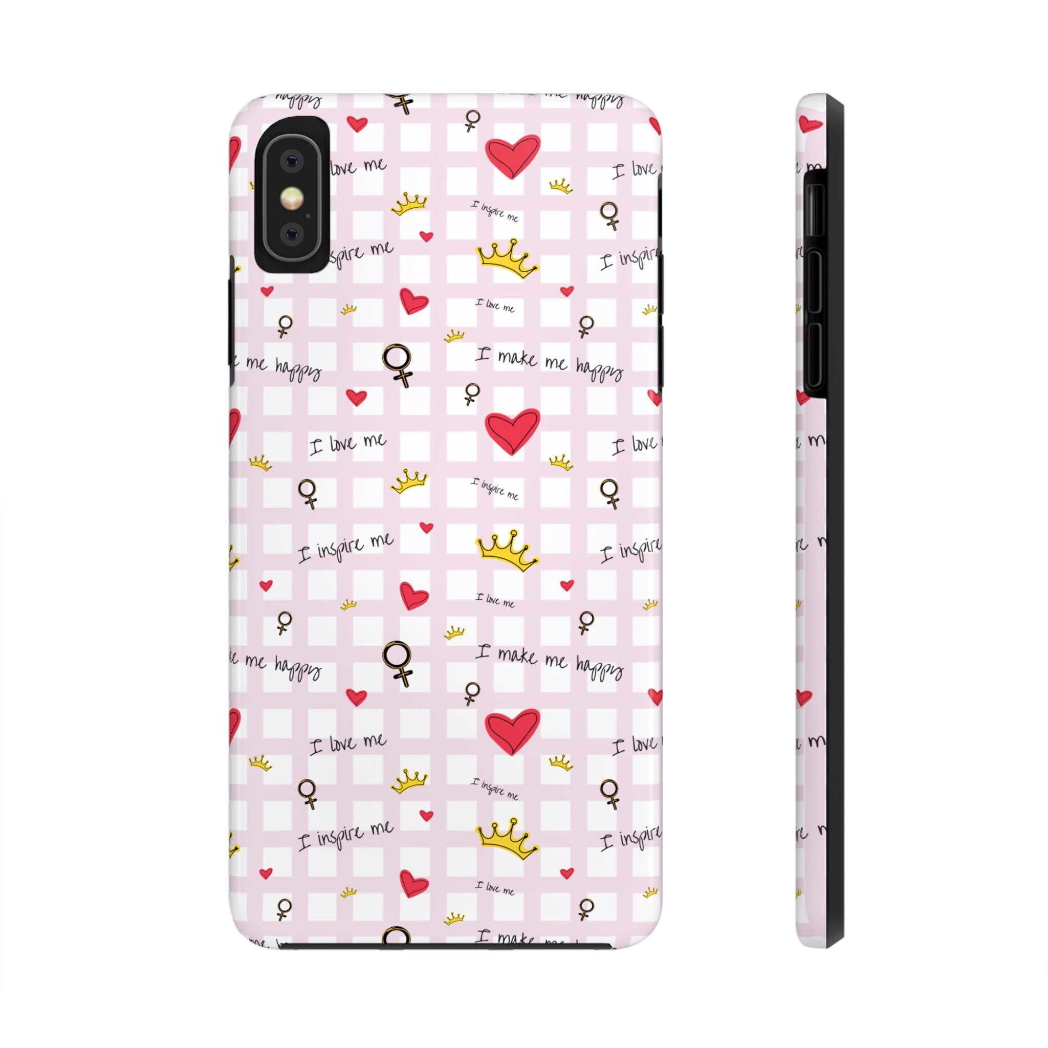 Cozy Hearts & Crowns Phone Case, Heart Design Protective Phone Cover, Crown Pattern Tough Case, Girly Phone Accessories, Valentine's Day