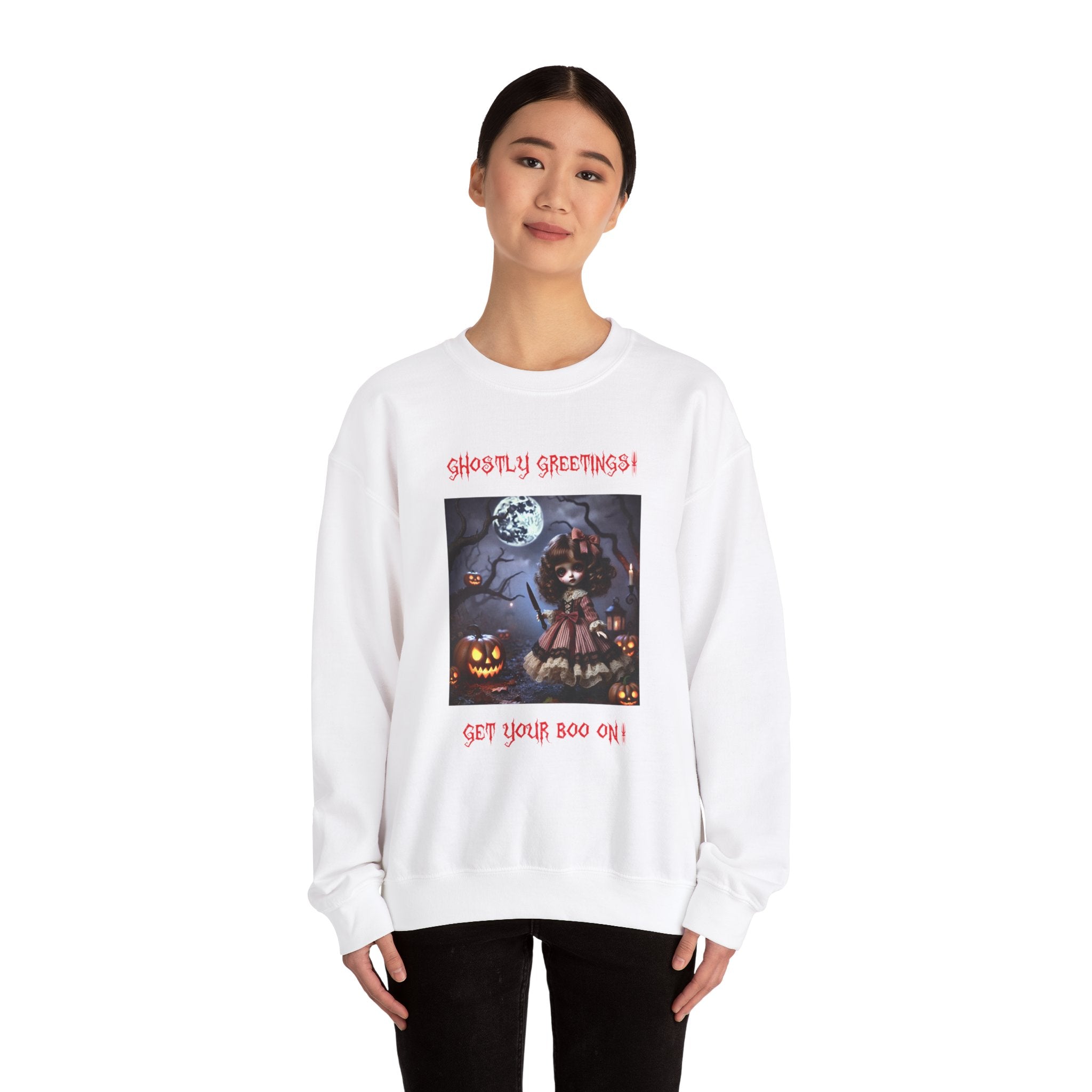 Halloween Doll With a Mix of Scary and Sweet Unisex Heavy Blend™ Crewneck Sweatshirt