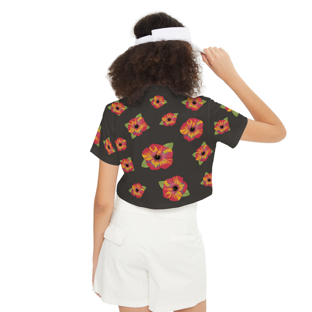 Poppy Flower Pattern Women's Short-Sleeve Crop Polo Shirt-Heavyweight 225g