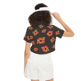 Poppy Flower Pattern Women's Short-Sleeve Crop Polo Shirt-Heavyweight 225g