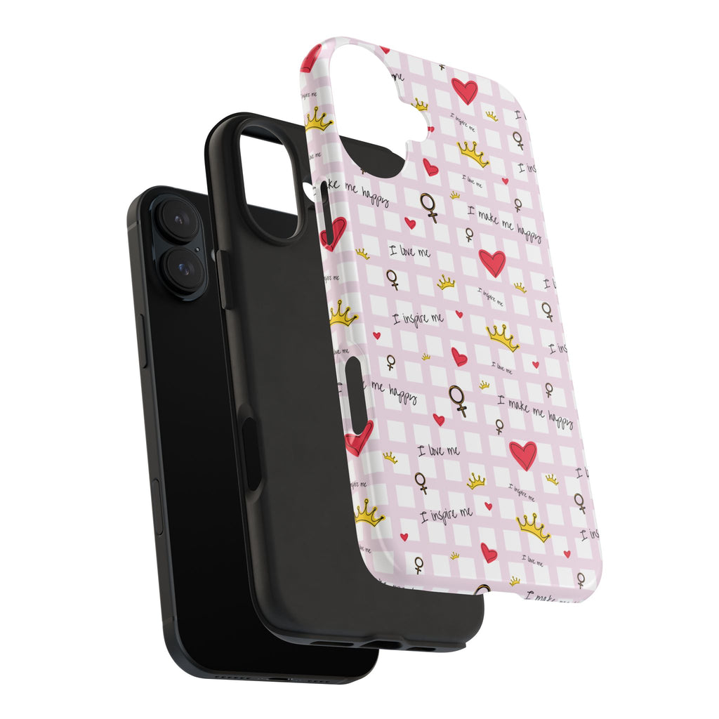 Cozy Hearts & Crowns Phone Case, Heart Design Protective Phone Cover, Crown Pattern Tough Case, Girly Phone Accessories, Valentine's Day