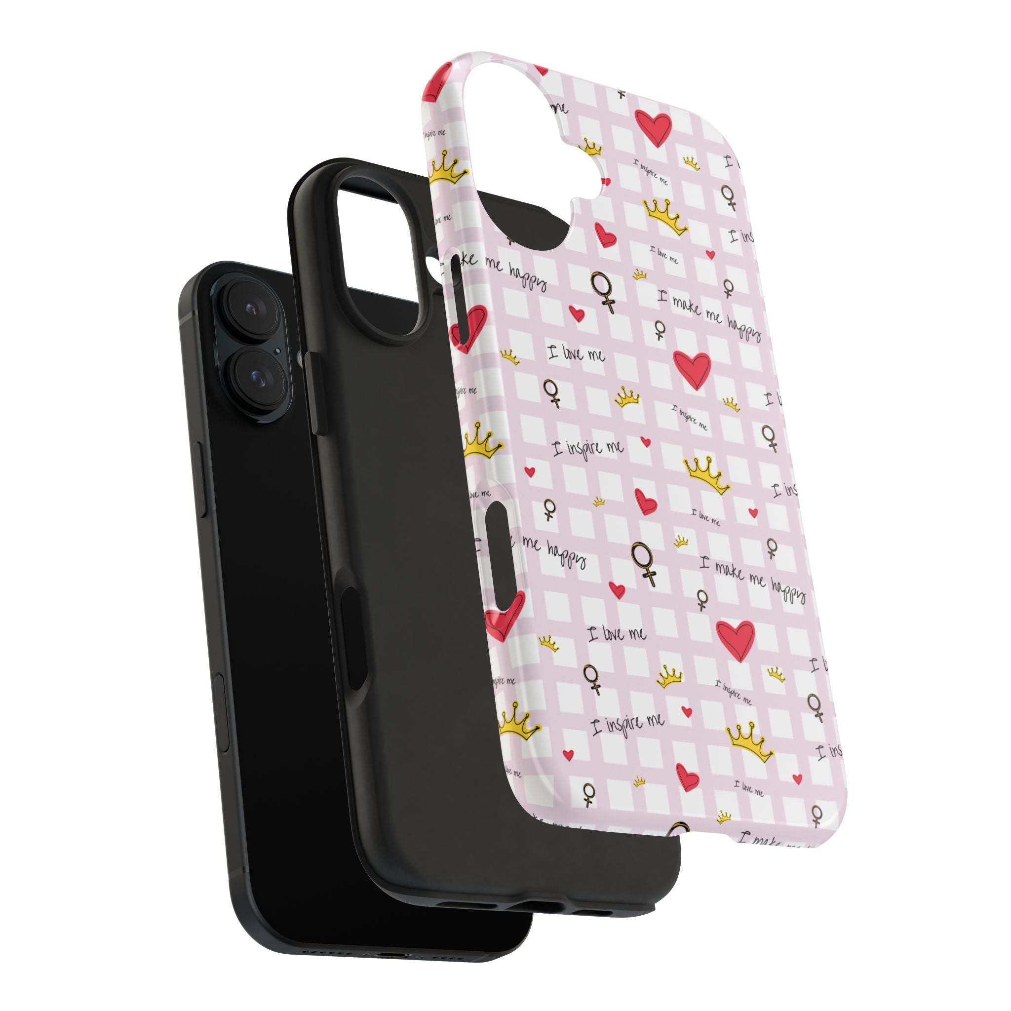 Cozy Hearts & Crowns Phone Case, Heart Design Protective Phone Cover, Crown Pattern Tough Case, Girly Phone Accessories, Valentine's Day