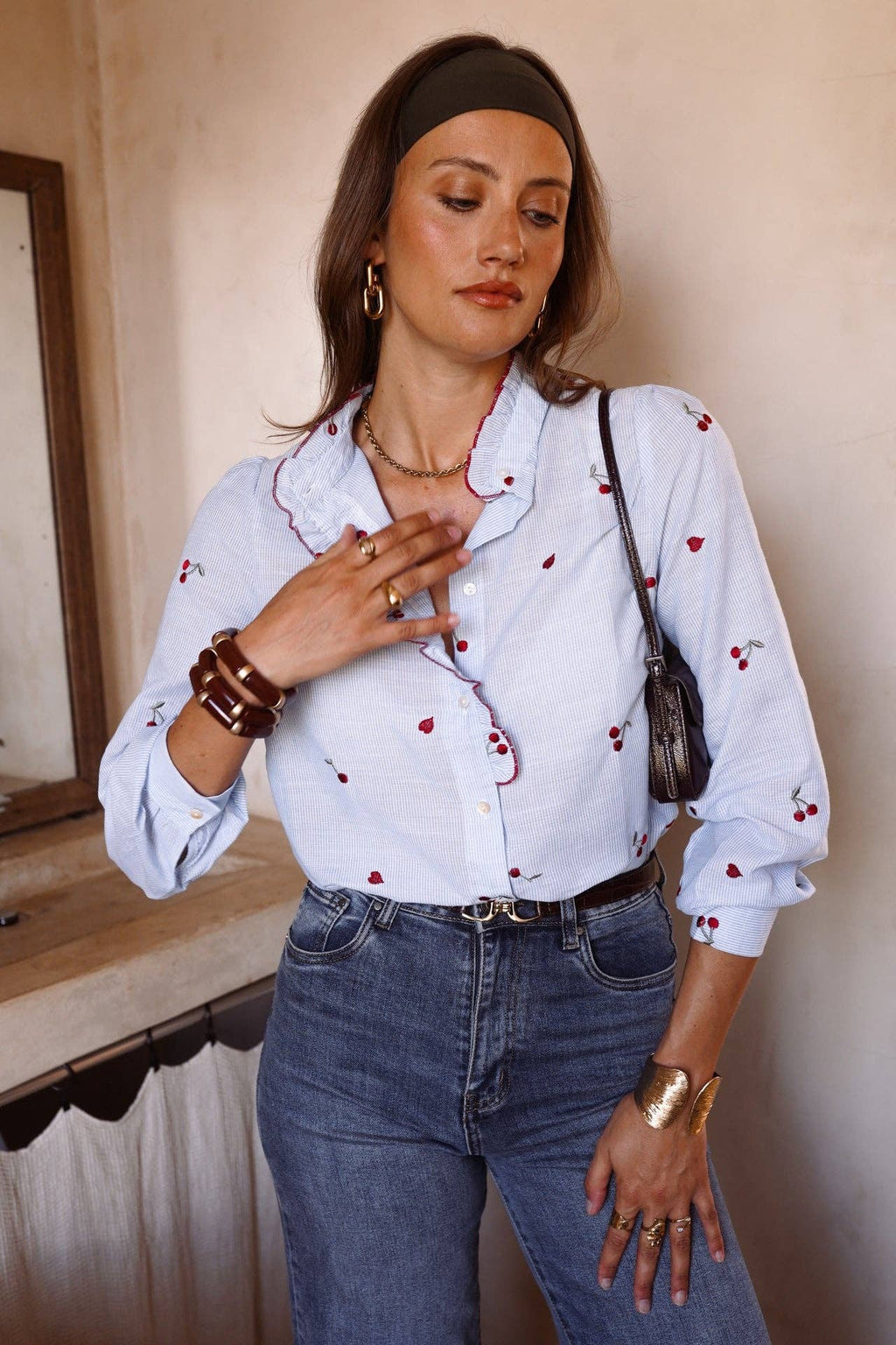 Kalyne Cherry Embroidered Blouse | Blue Striped Ruffle Shirt