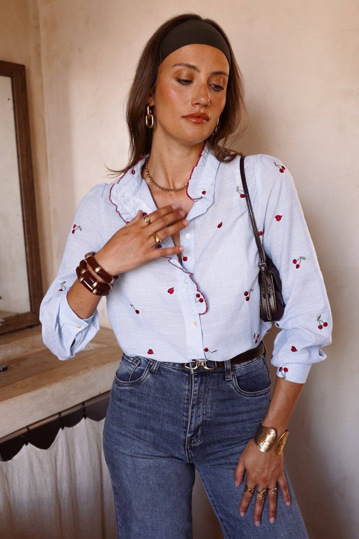 Kalyne Cherry Embroidered Blouse | Blue Striped Ruffle Shirt
