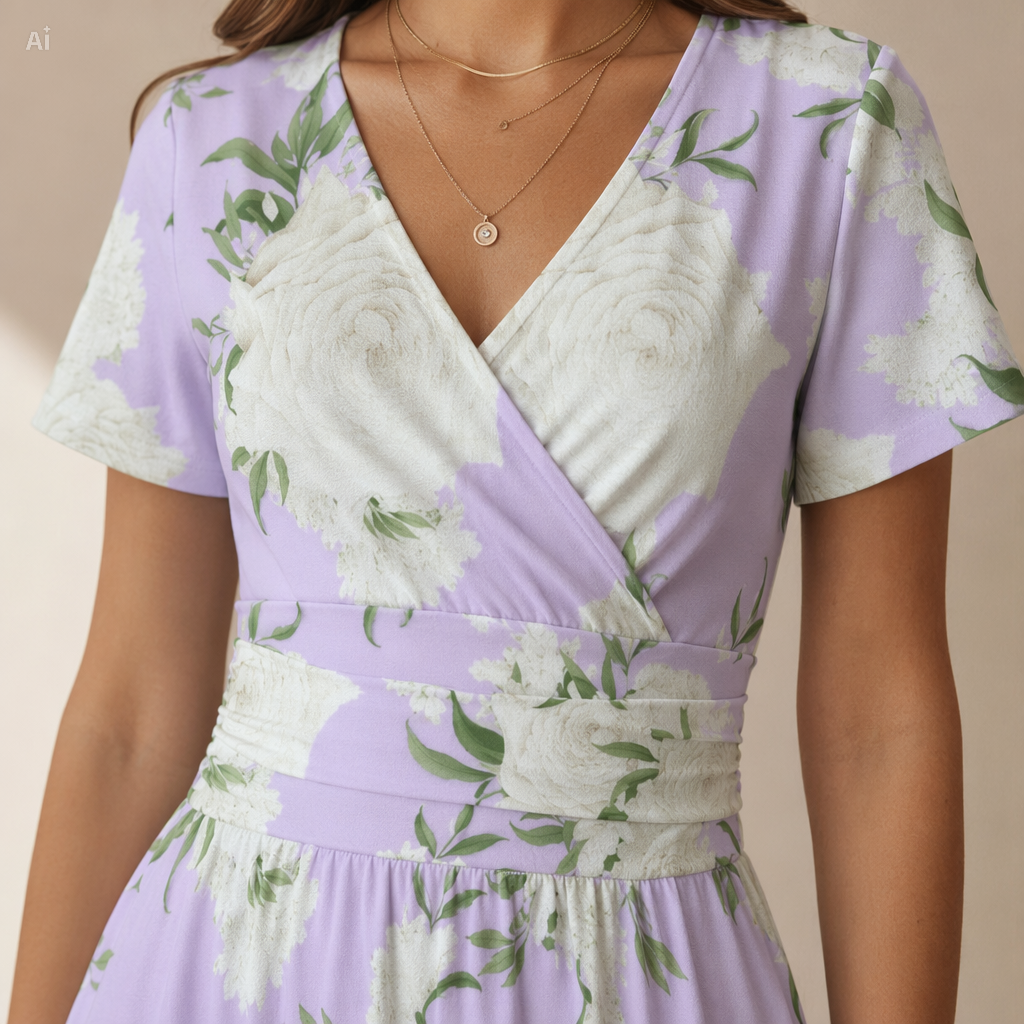 Lavender Floral V-Neck Midi Dress