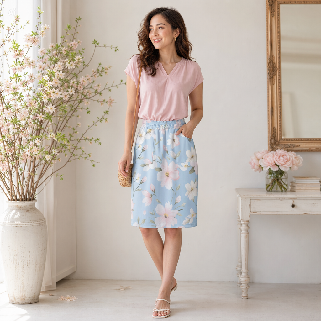 Pastel Blue Floral Pencil Skirt with Pockets