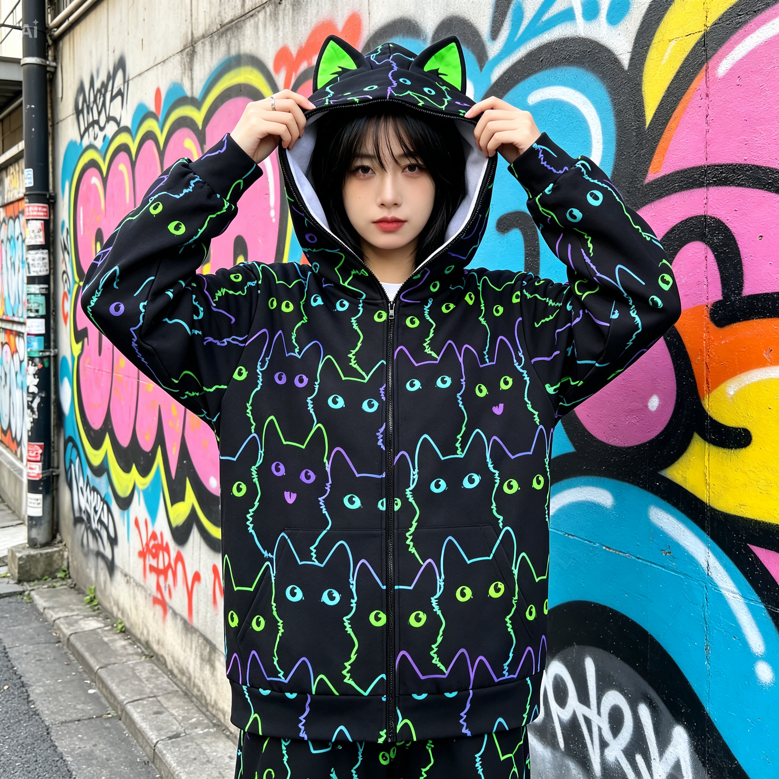 Neon Cat Print Zip-Up Hoodie with Cat Ears - Black Unisex Scuba Hooded Jacket