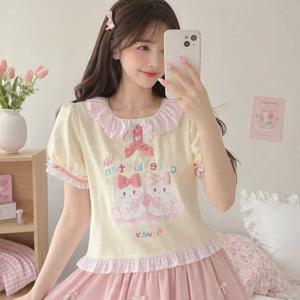 Pink Harajuku Ruffle Top | Cute Bear Lace Tee