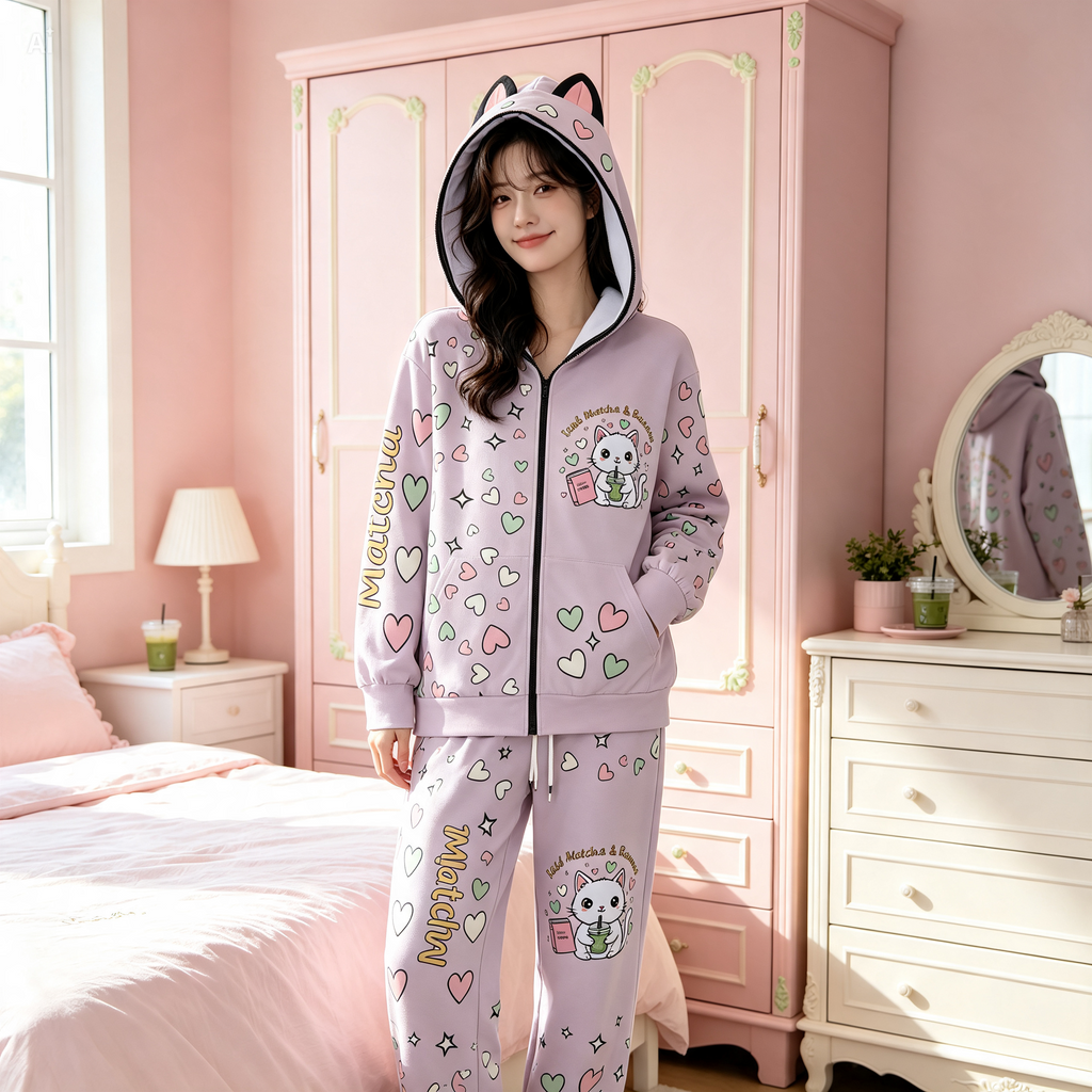 Matcha Reading Cat Ear Zip-Up Hoodie