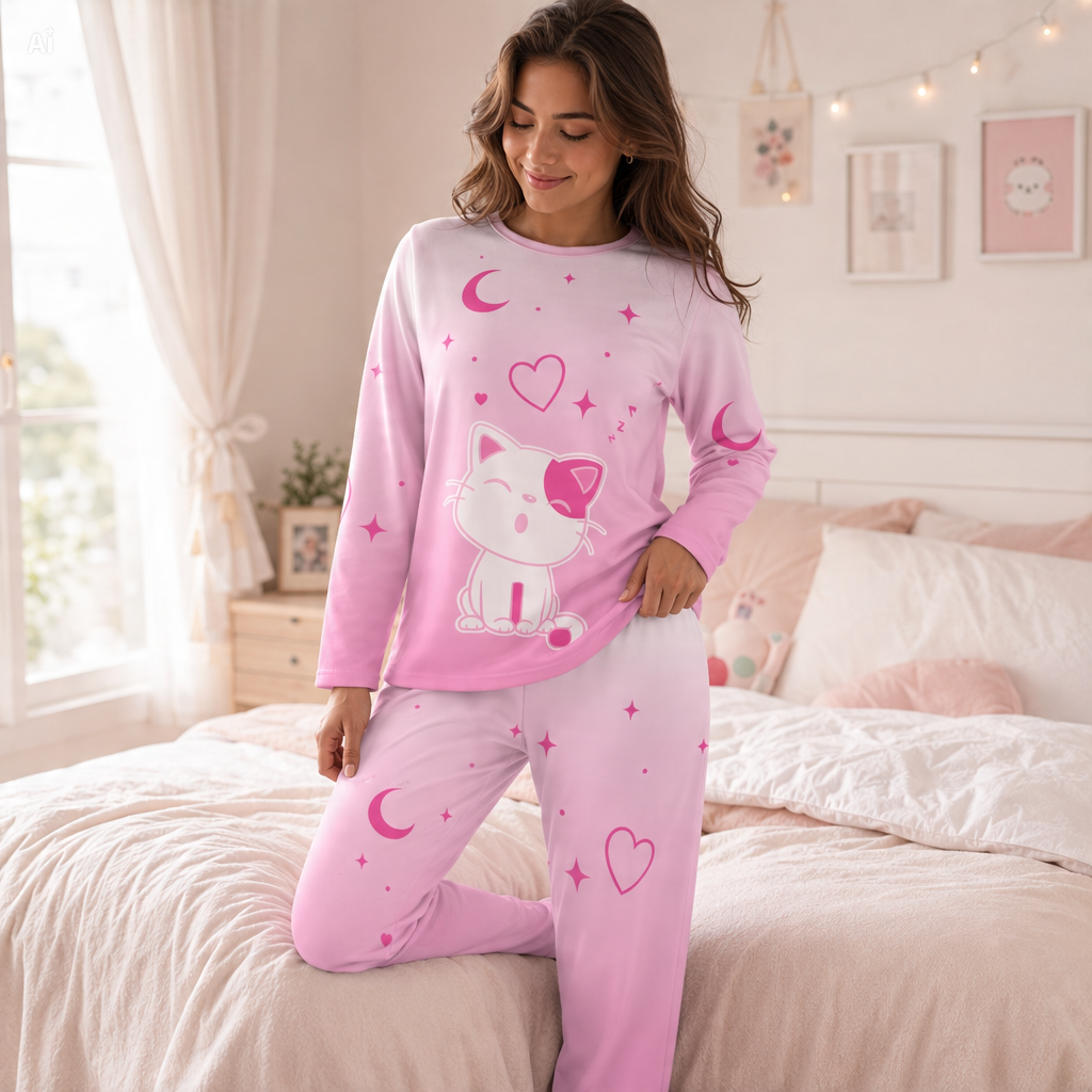 Pink Sleepy Cat Pajama Set