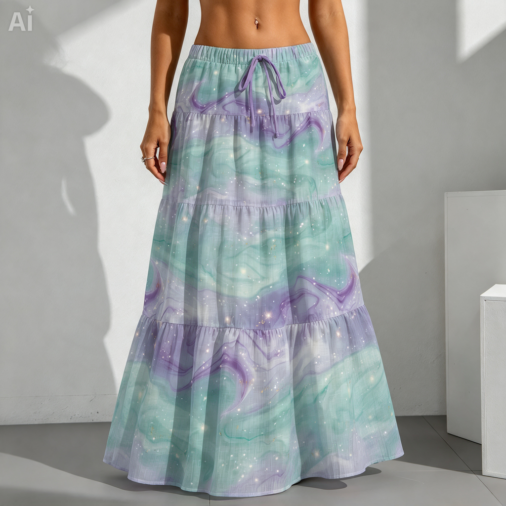 Pastel Galaxy Tiered Maxi Skirt