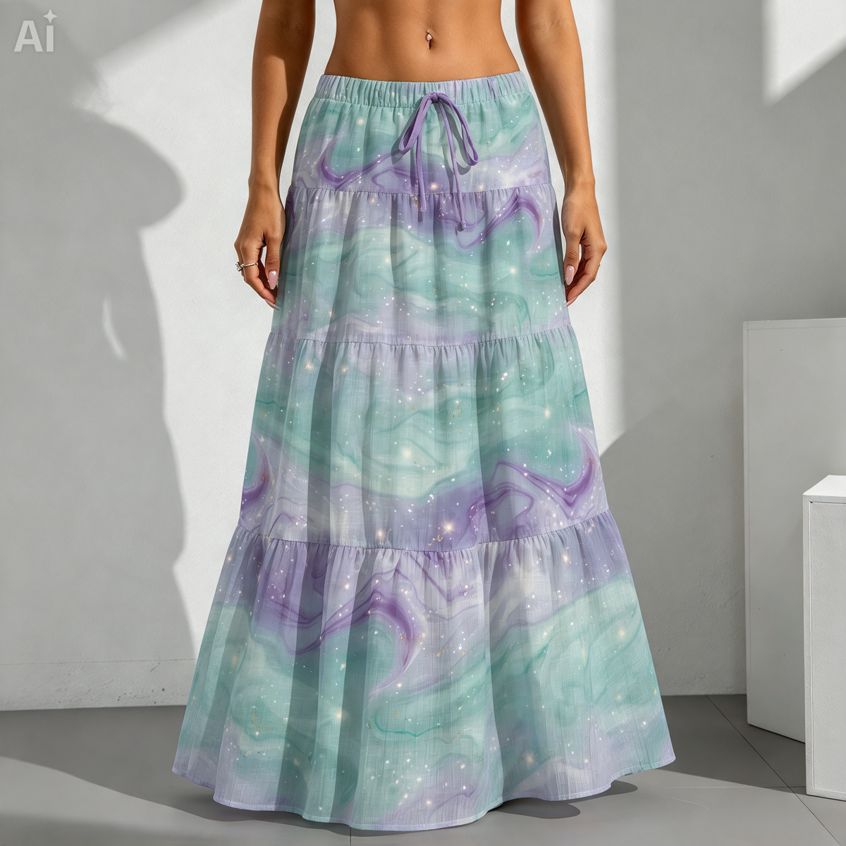 Pastel Galaxy Tiered Maxi Skirt