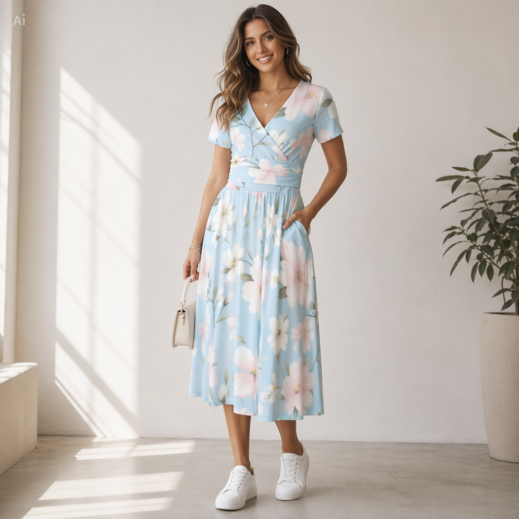 Pastel Blue Floral V-Neck Midi Dress