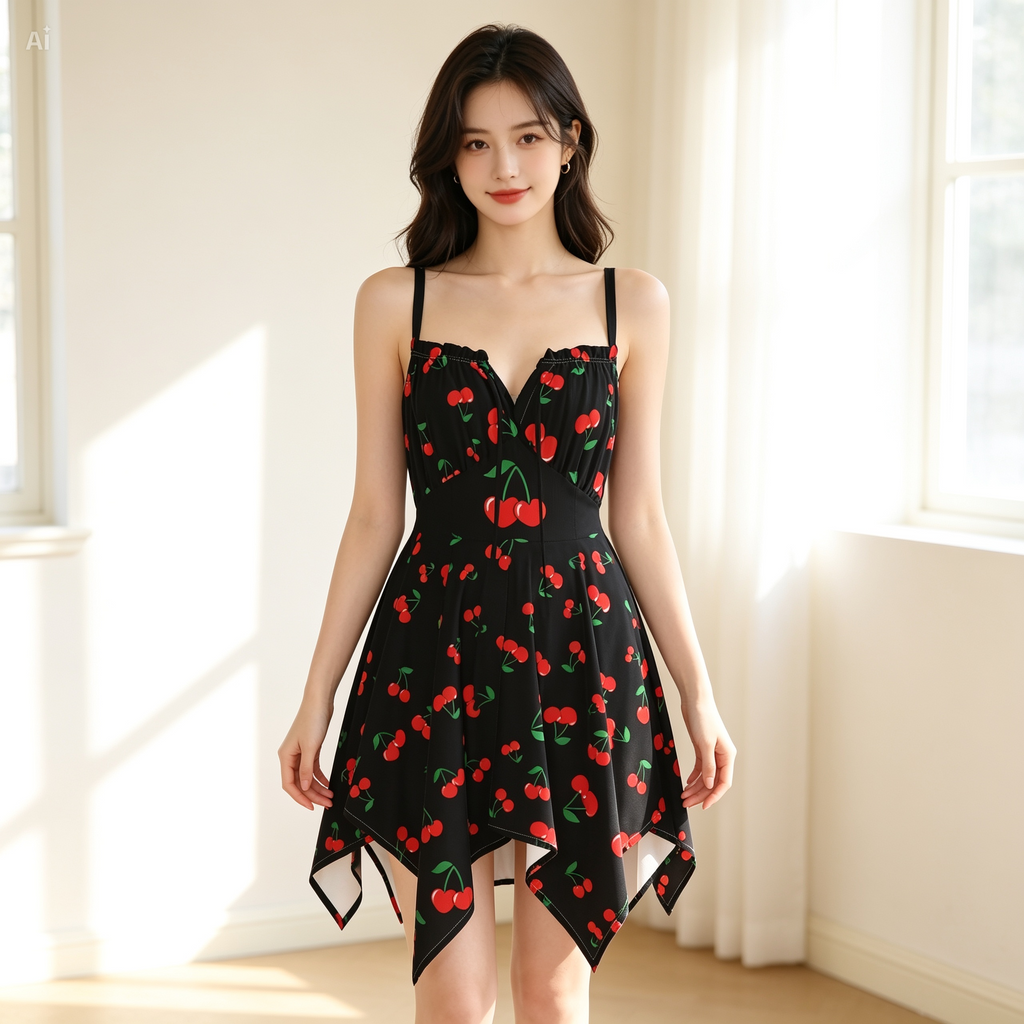 Cherry Handkerchief Dress – Cute Cherry Print Summer Beach Dress