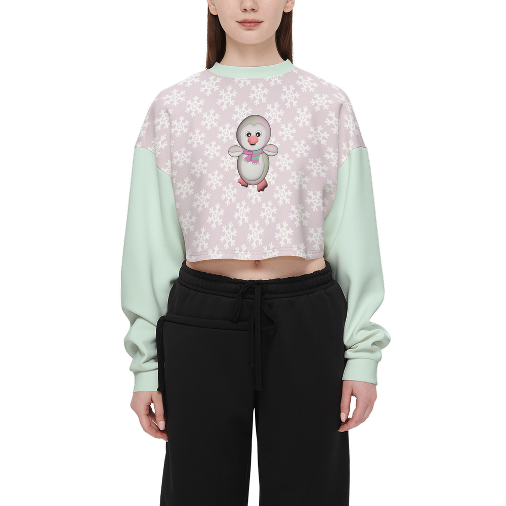 Kawaii Pinguin Women's Cropped Crewneck Sweatshirt-Techno Scuba Knit