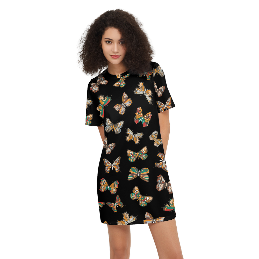 Butterflies Pattern Women's Short-Sleeve T-Shirt Dress Black, Elegant Butterfly Print Dres