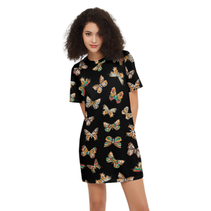 Butterflies Pattern Women's Short-Sleeve T-Shirt Dress Black, Elegant Butterfly Print Dres