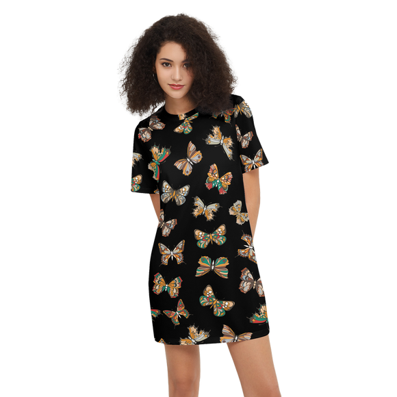 Butterflies Pattern Women's Short-Sleeve T-Shirt Dress Black, Elegant Butterfly Print Dres