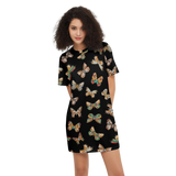 Butterflies Pattern Women's Short-Sleeve T-Shirt Dress Black, Elegant Butterfly Print Dres