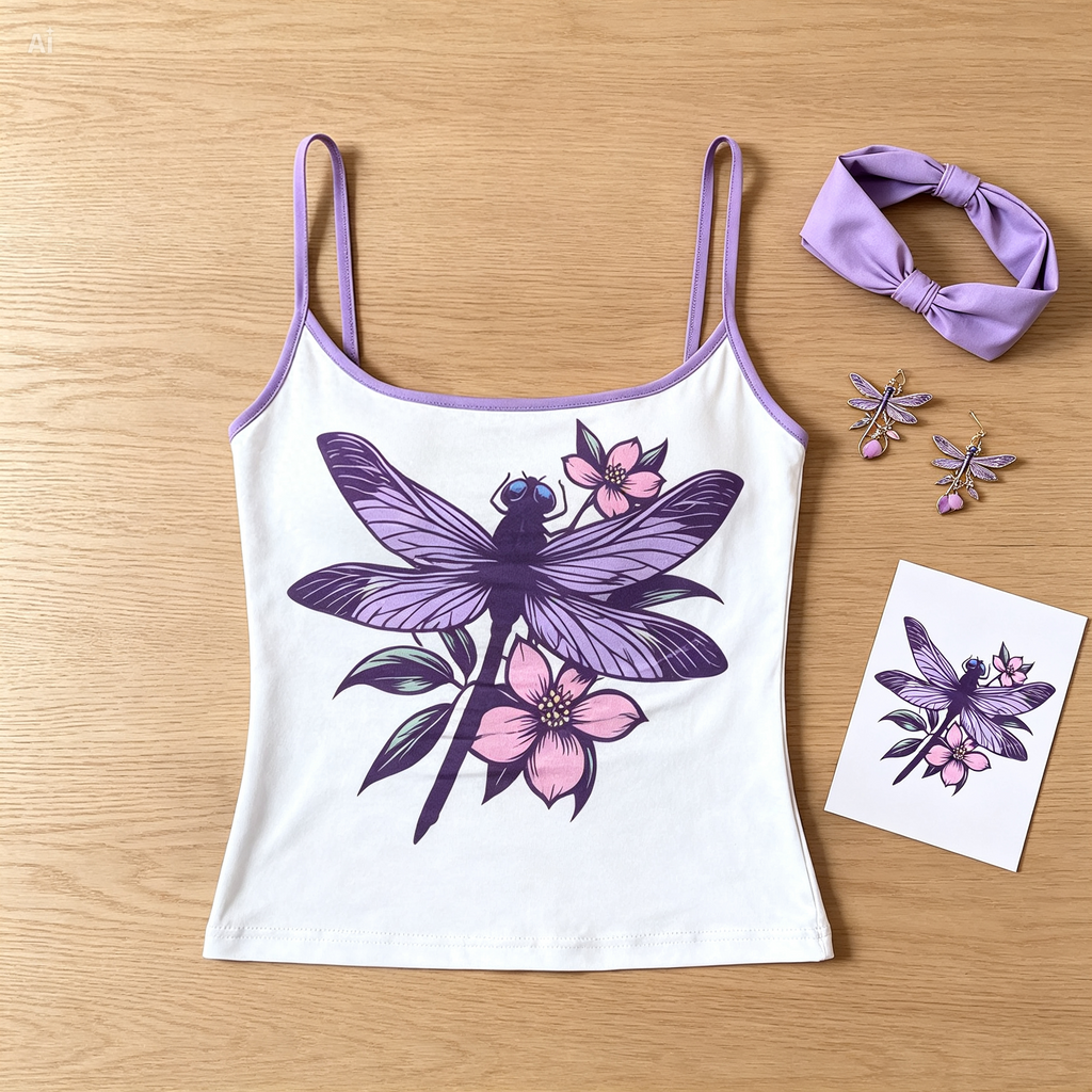Purple Dragonfly Tank Top – Nature Inspired Spaghetti Strap Cami