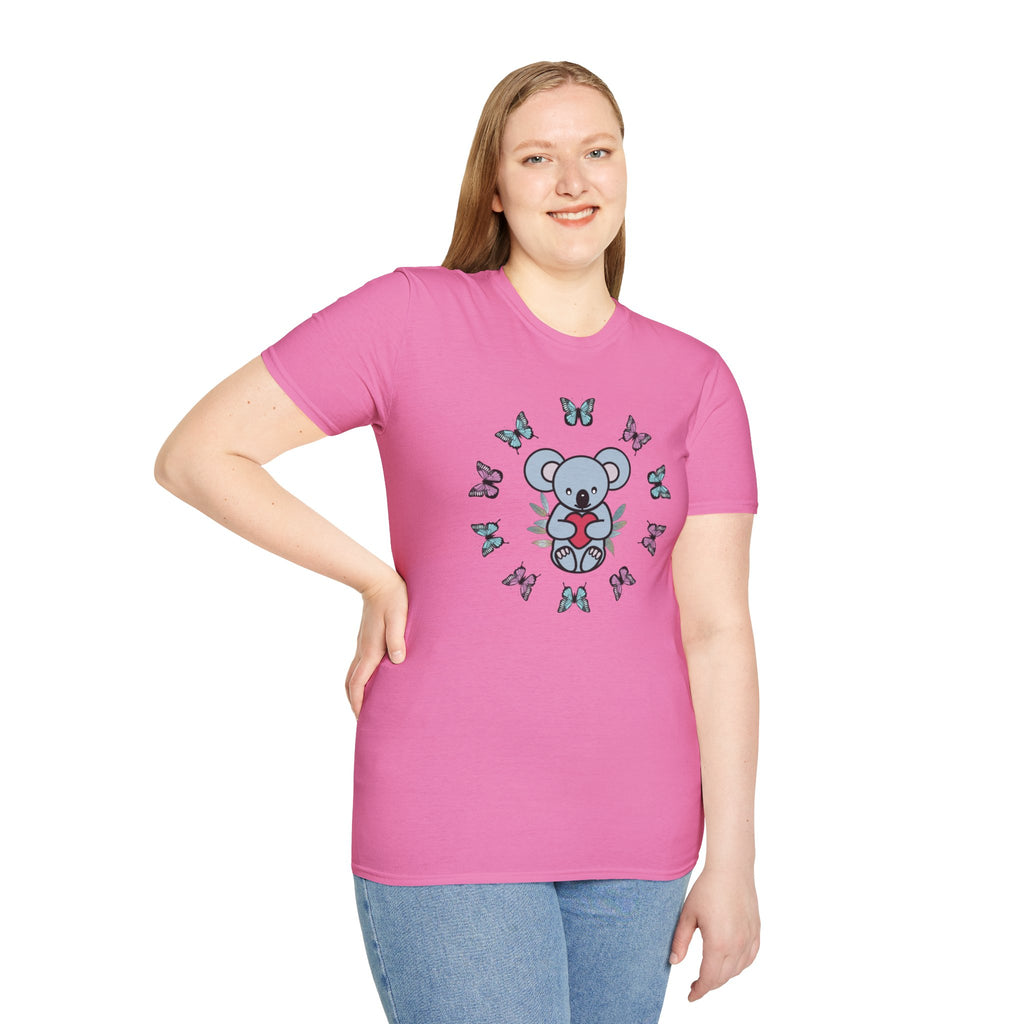 Koala Heart T-Shirt, Cute Animal Tee, Butterfly Graphic Shirt, Nature Lover Gift, Wildlife Lover Top