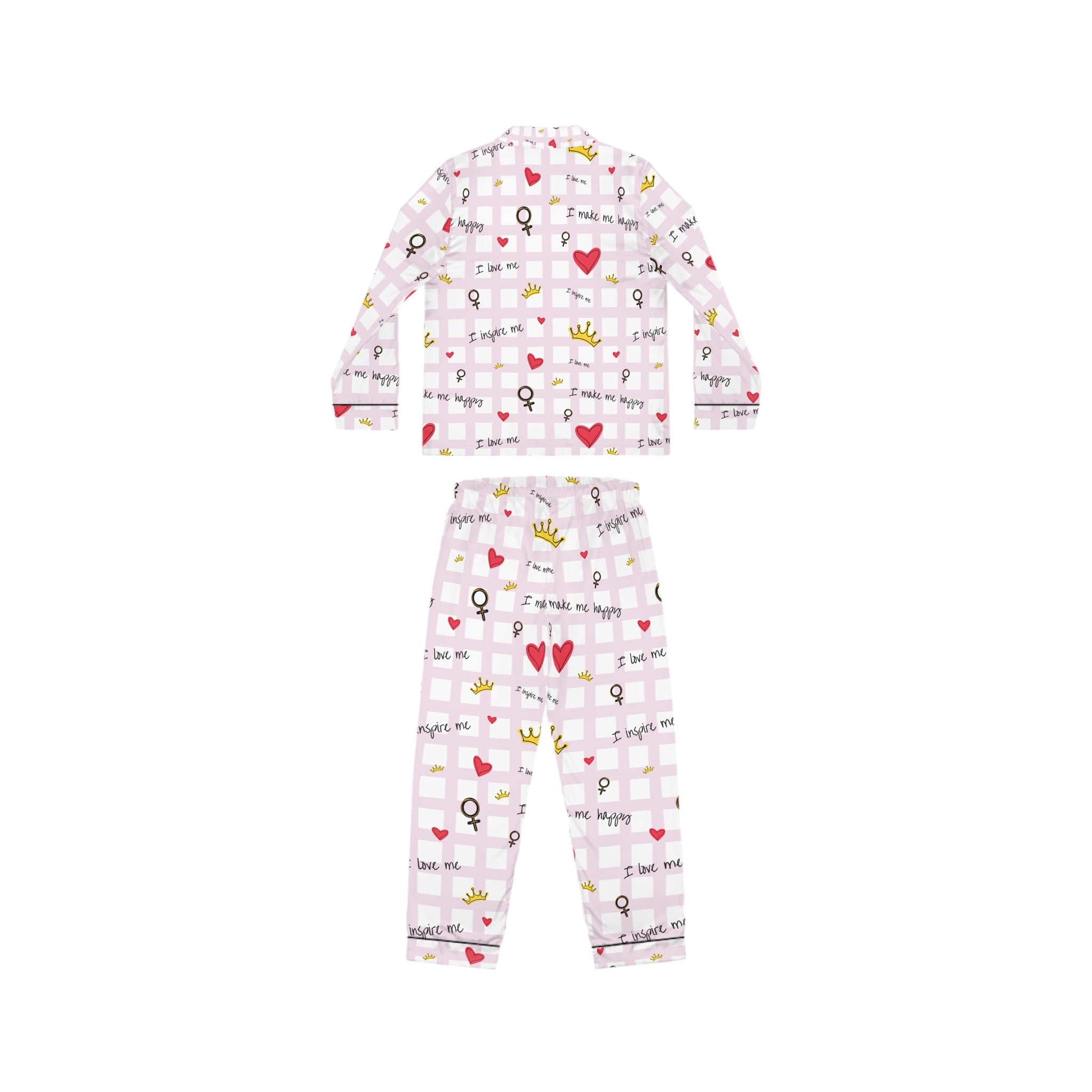 Cozy Hearts & Crowns Satin Pajamas - Women's Sleepwear Set, Cute Printed PJ's, Gift for Her, Lounge Wear, Nightwear