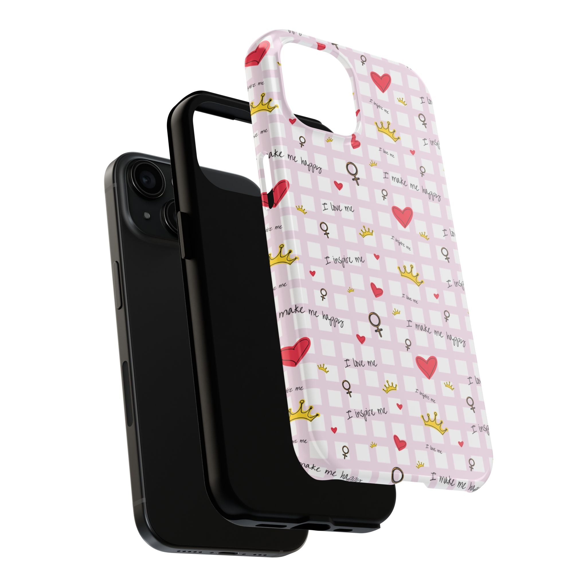 Cozy Hearts & Crowns Phone Case, Heart Design Protective Phone Cover, Crown Pattern Tough Case, Girly Phone Accessories, Valentine's Day