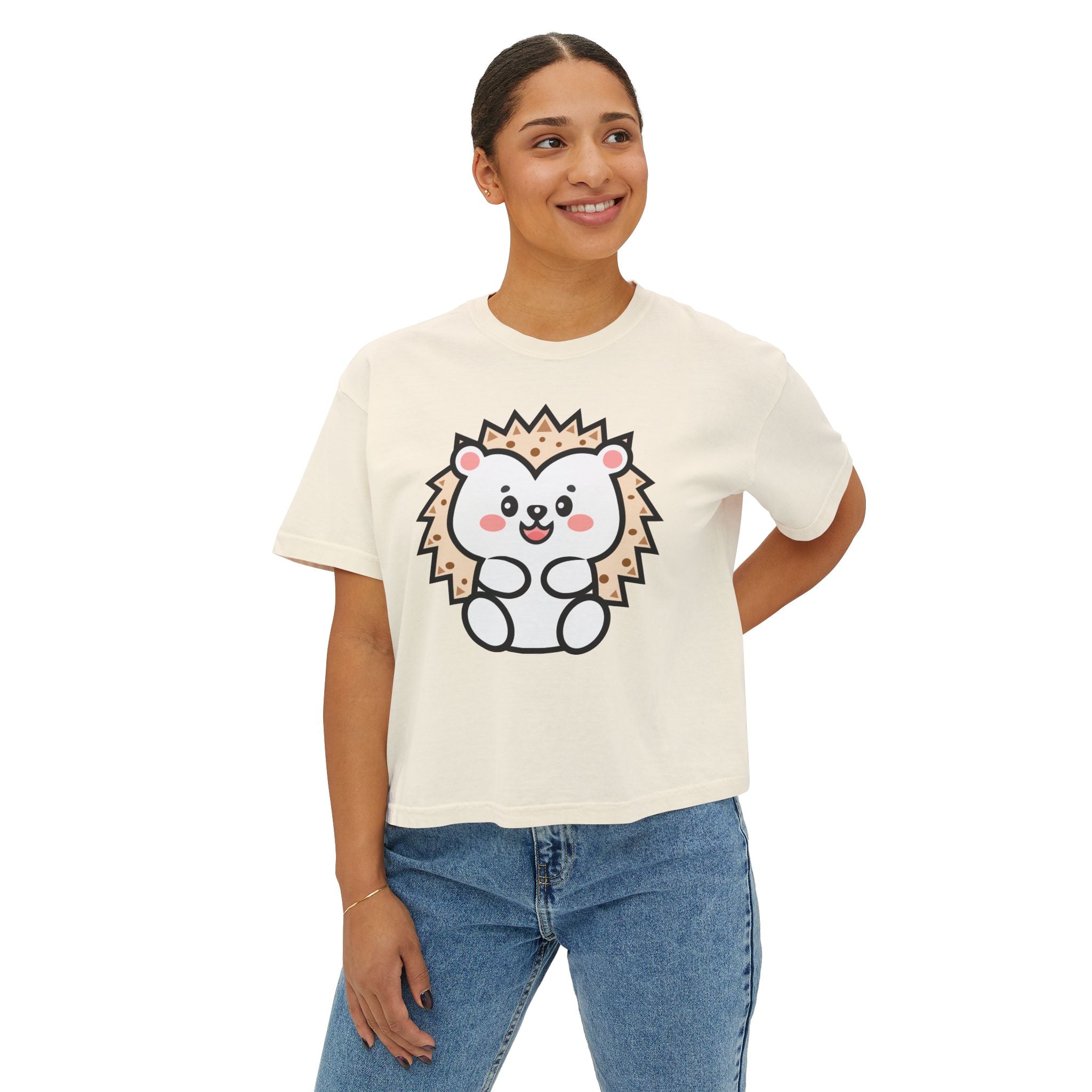 Kawaii Hedgehog Boxy Tee - Women's Graphic T-Shirt