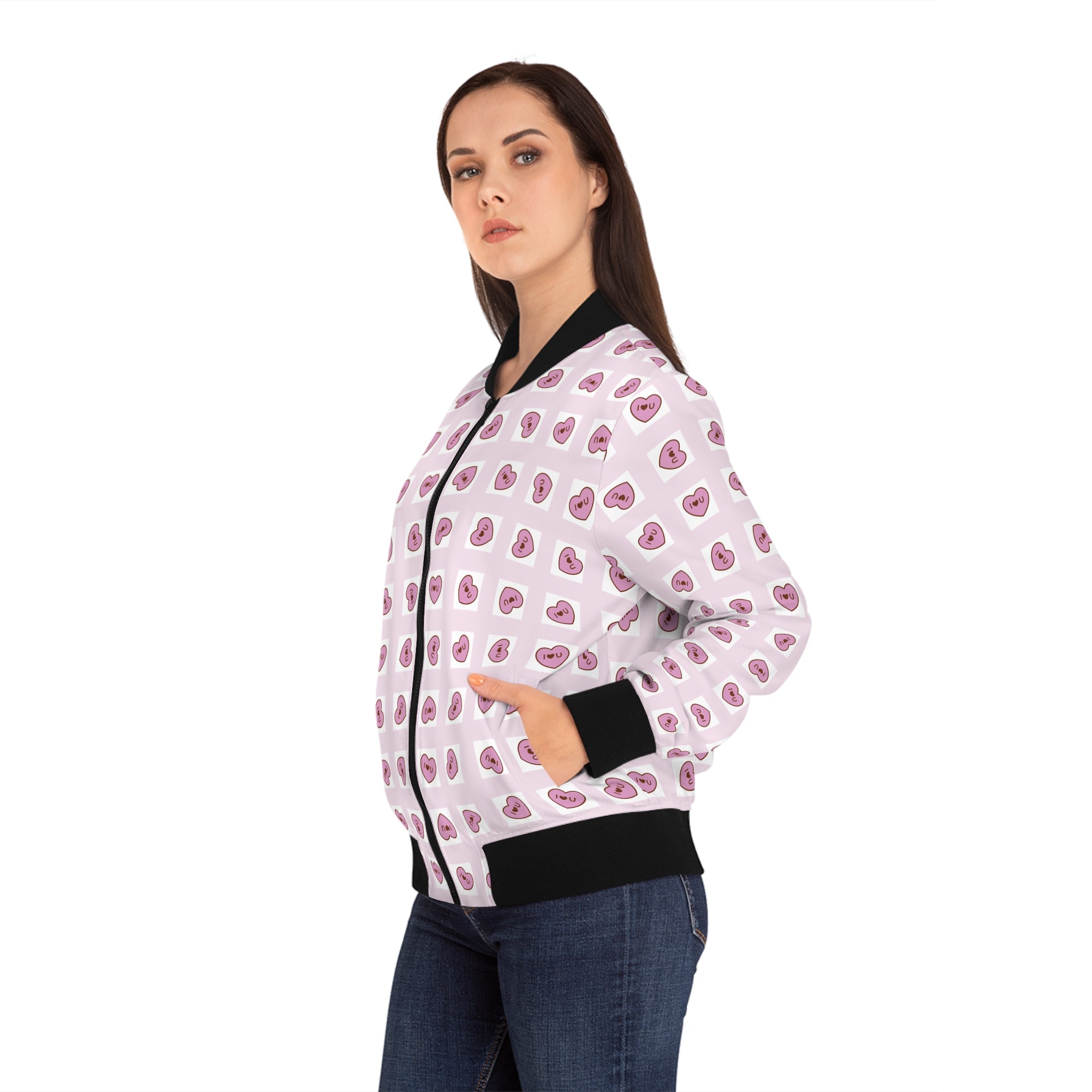 Rosa Grid Women's Bomber Jacket, I Love You Hearts, Valentine's Day Outerwear, Romantic Clothing, Pink Grid Jacket, Gift for Her