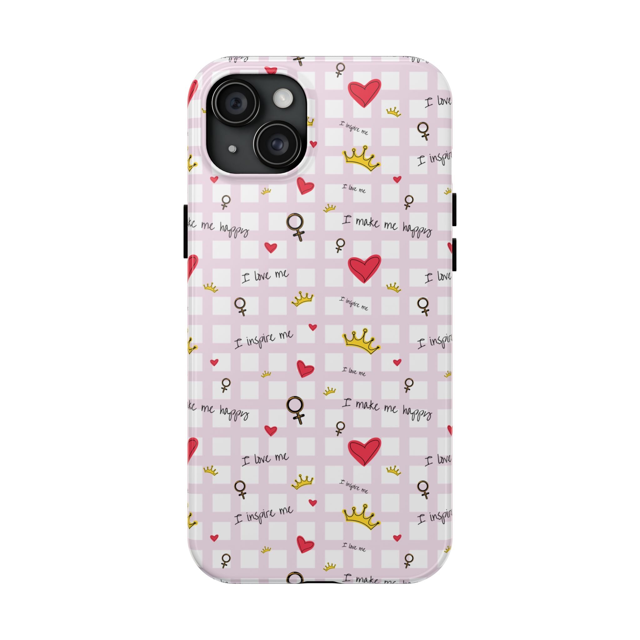 Cozy Hearts & Crowns Phone Case, Heart Design Protective Phone Cover, Crown Pattern Tough Case, Girly Phone Accessories, Valentine's Day