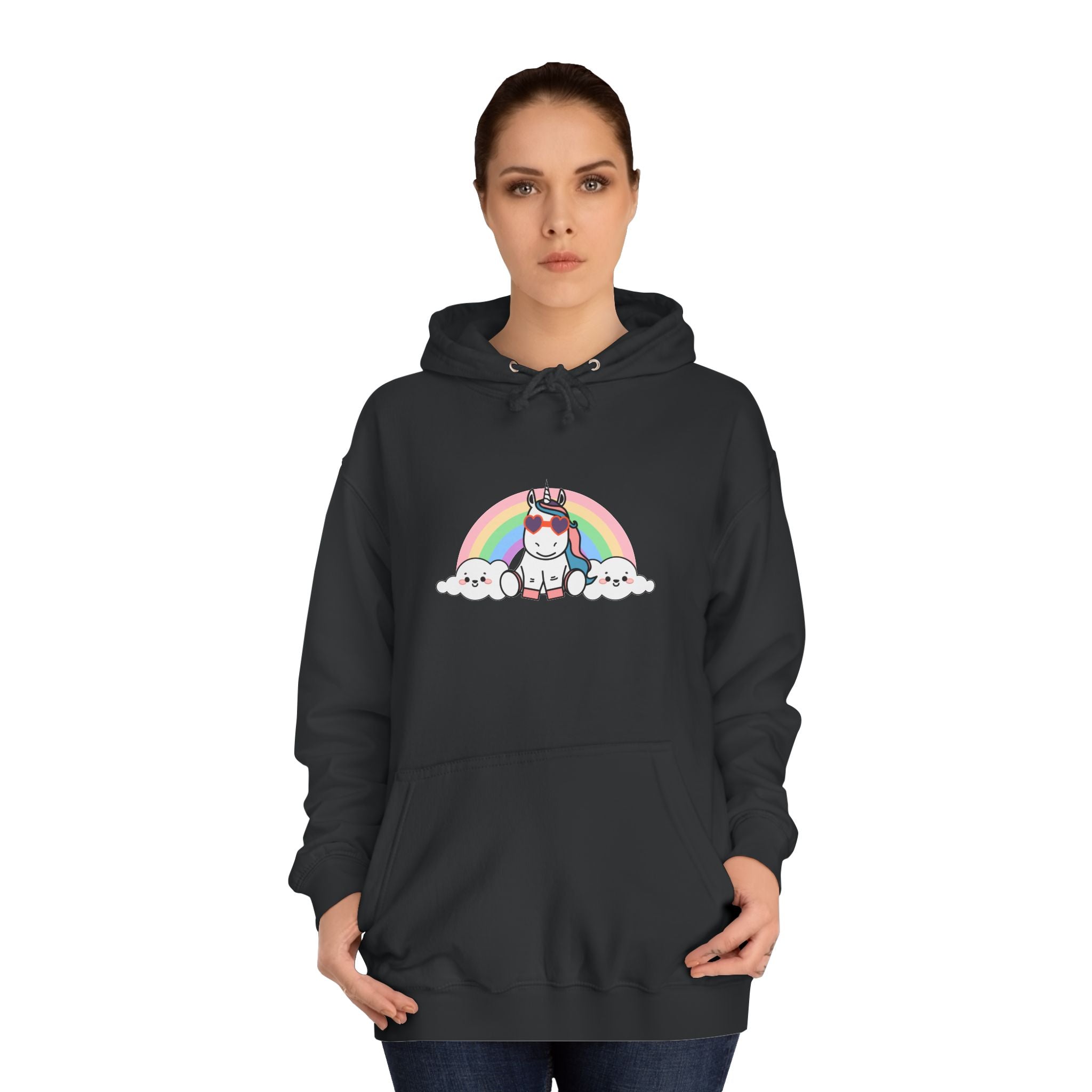 Kawaii Unicorn with Rainbow Hoodie, Cute Rainbow Unicorn Sweatshirt, Magical Unicorn College Jacket, Colorful Unicorn Hoody, Fantasy Hooded