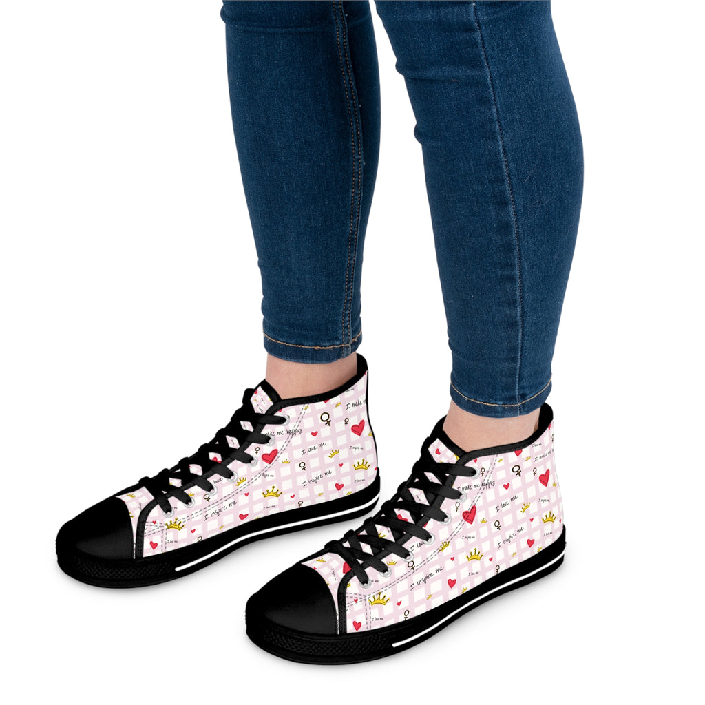 Cozy Hearts & Crowns High Top Sneakers for Women - Cute Heart Patterned Sneaker Shoes, Comfy Crown Design, Best Gift for Her, Trendy Casual