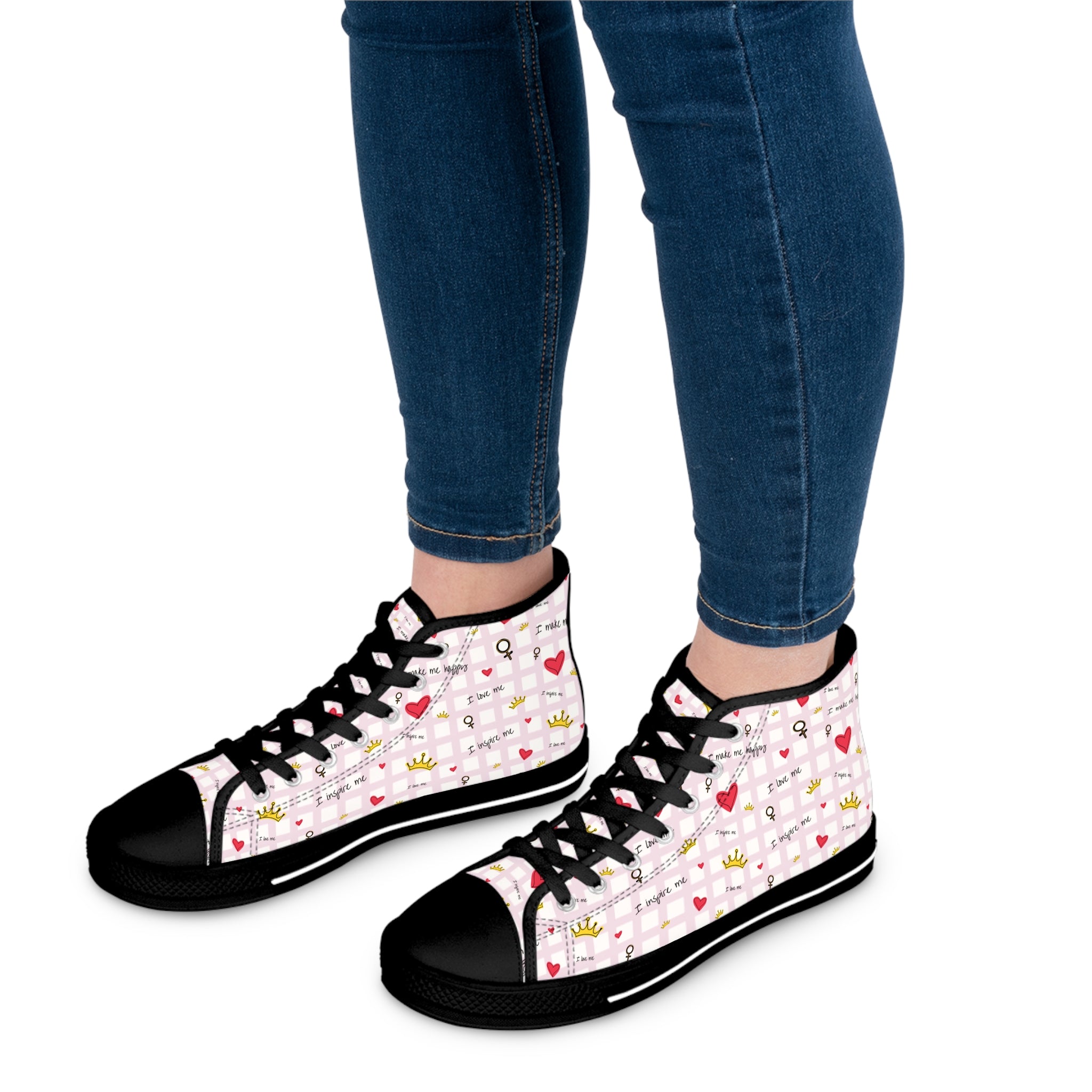 Cozy Hearts & Crowns High Top Sneakers for Women - Cute Heart Patterned Sneaker Shoes, Comfy Crown Design, Best Gift for Her, Trendy Casual