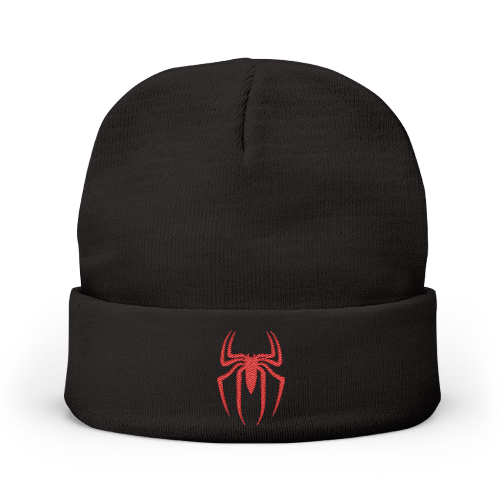Embroidered Black Spider Knit Beanie — Halloween Spider Hat