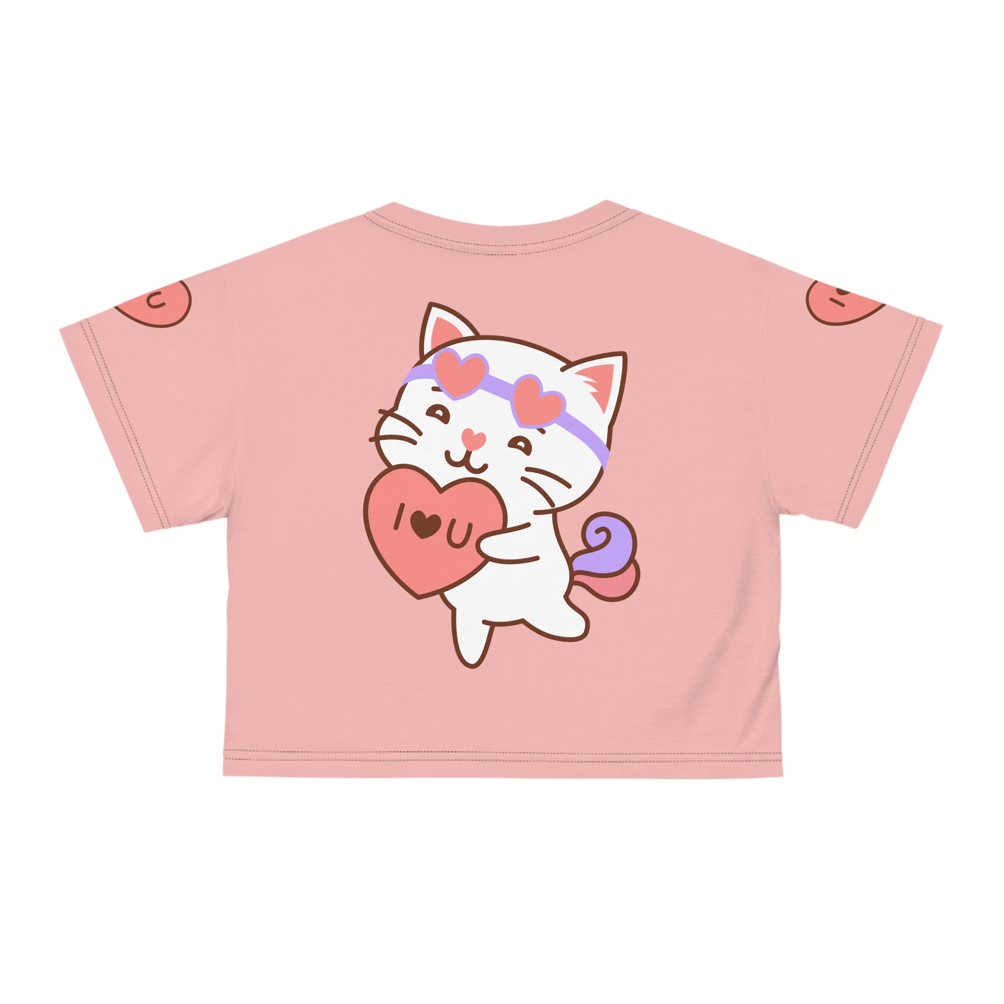 Kawaii Cat with Heart Crop Tee, Cute Kitty Graphic Tee, Pet Lover Gift Top, Short Sleeve Shirt, Animal Print Clothing, Women's Casual Wear