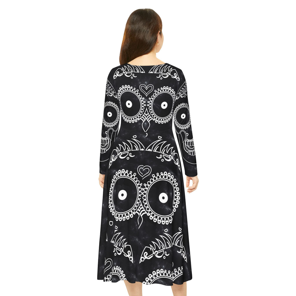 Skulls Dance Dress, Gothic Bones Costume, Halloween Long Sleeve Dress, Spooky Skulls Party Attire, Women's Dancing Outfit