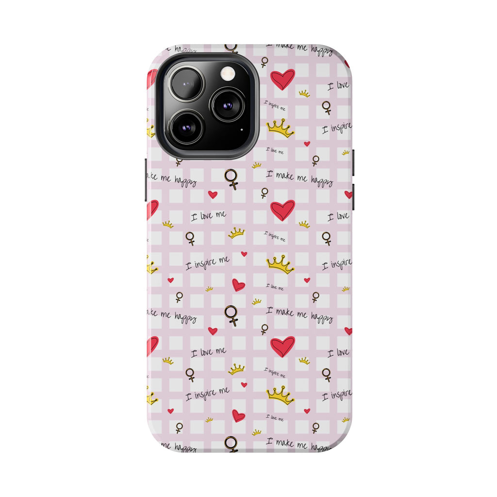 Cozy Hearts & Crowns Phone Case, Heart Design Protective Phone Cover, Crown Pattern Tough Case, Girly Phone Accessories, Valentine's Day