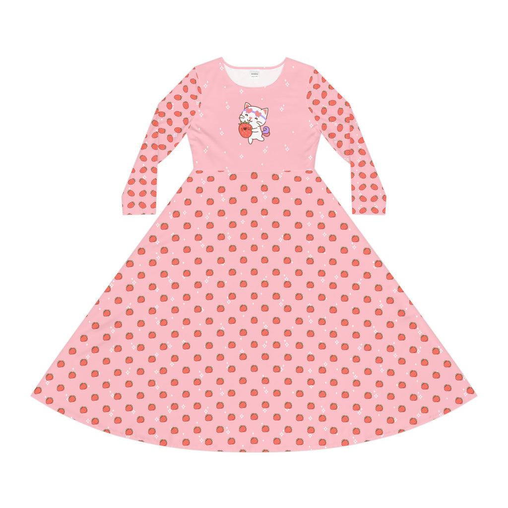Kawaii Cat with Strawberry Women's Long Sleeve Dance Dress, Cute Cat Costume, Long Sleeve Dance Costume, Cat Lover Gift, Dance Class Outfit,