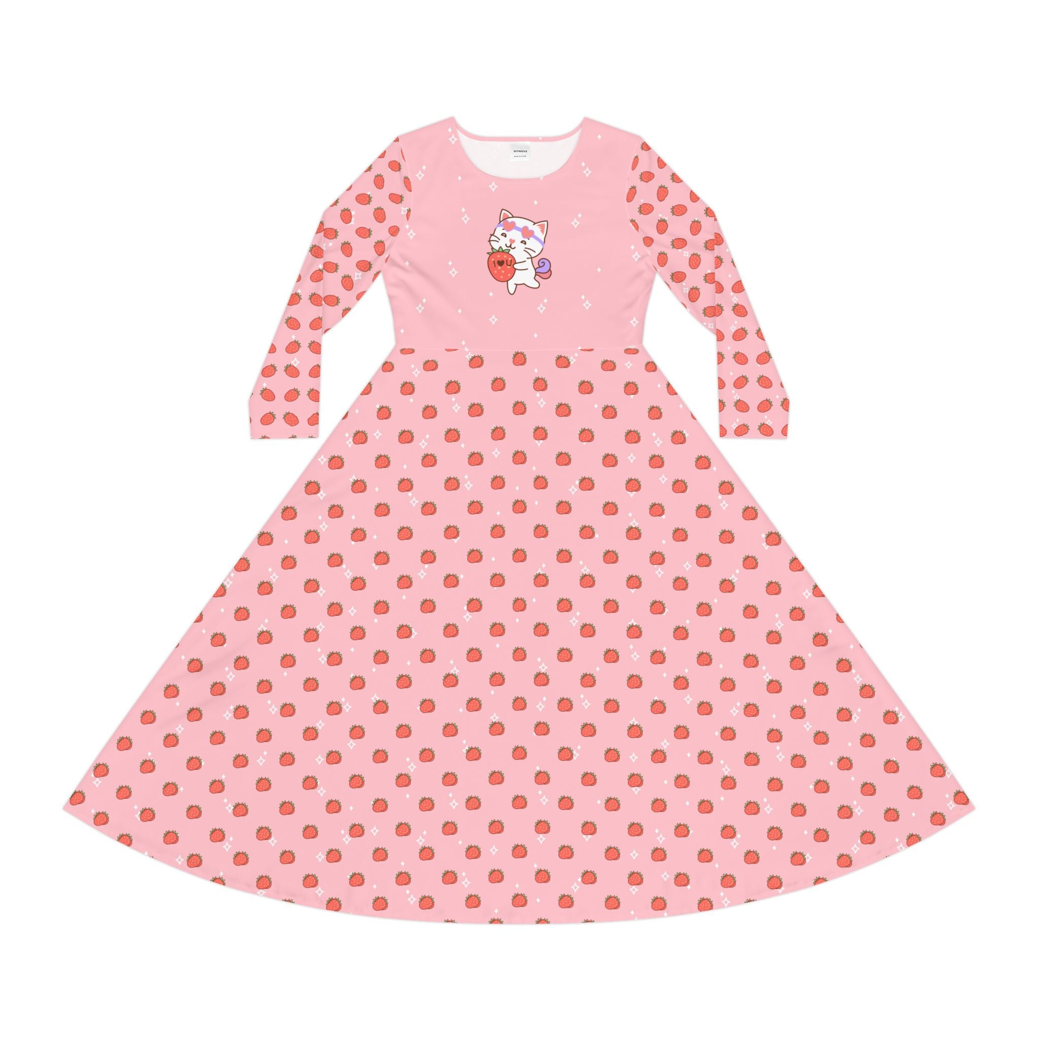 Kawaii Cat with Strawberry Women's Long Sleeve Dance Dress, Cute Cat Costume, Long Sleeve Dance Costume, Cat Lover Gift, Dance Class Outfit,