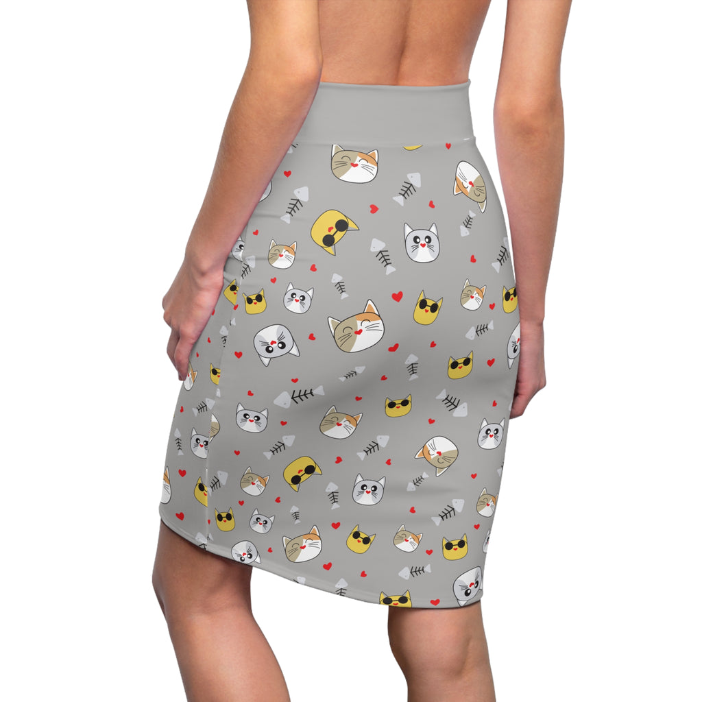 Cool Cats Pattern Gray Women's Pencil Skirt - Stylish Feline Print Women's Skirt, Cat Lover Fashion, Gray Skirt