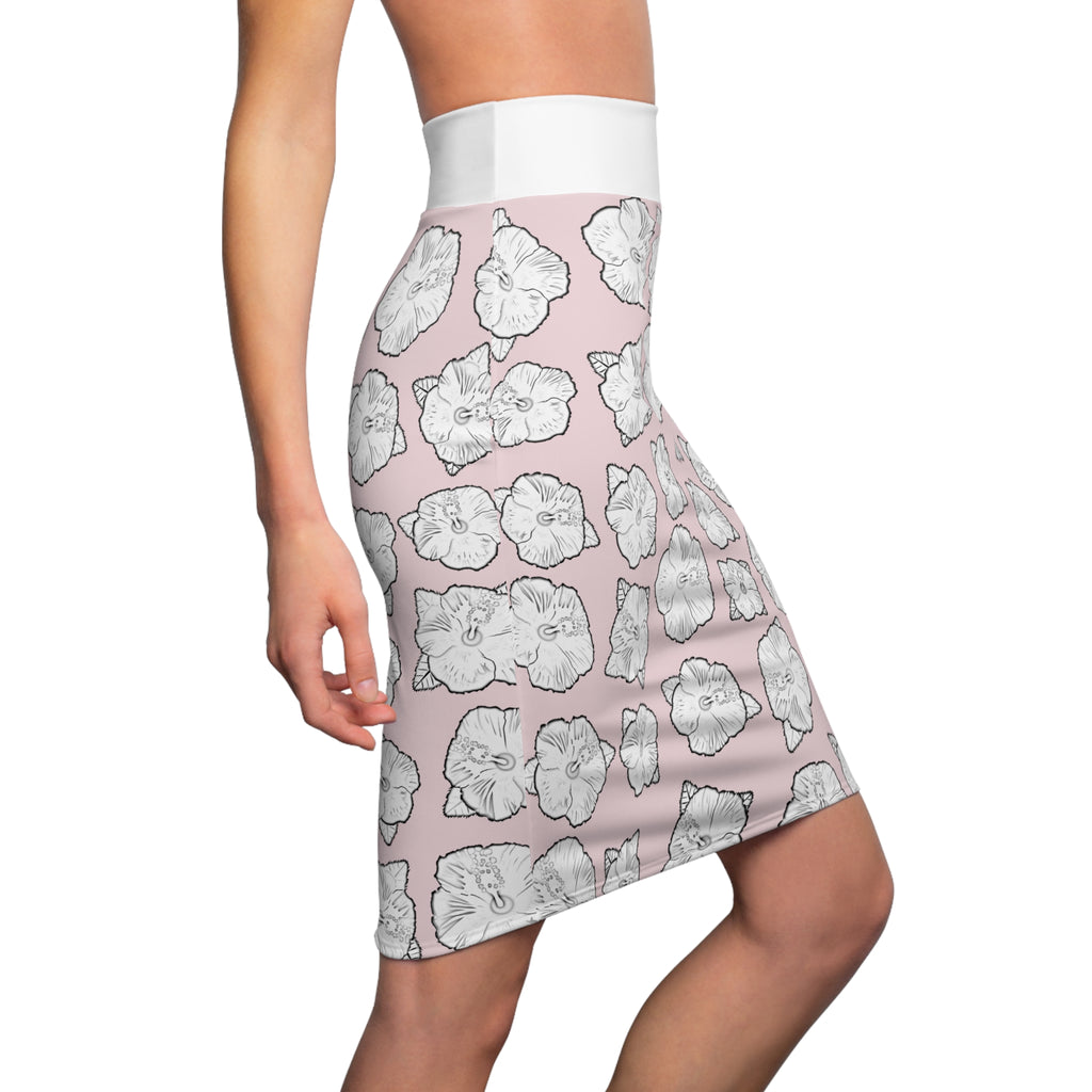Poppy Pattern Pink Women's Pencil Skirt - Floral Print High Waisted Midi Skirt, Fashionable Spring Outfit, Cute Patterned Knee Length