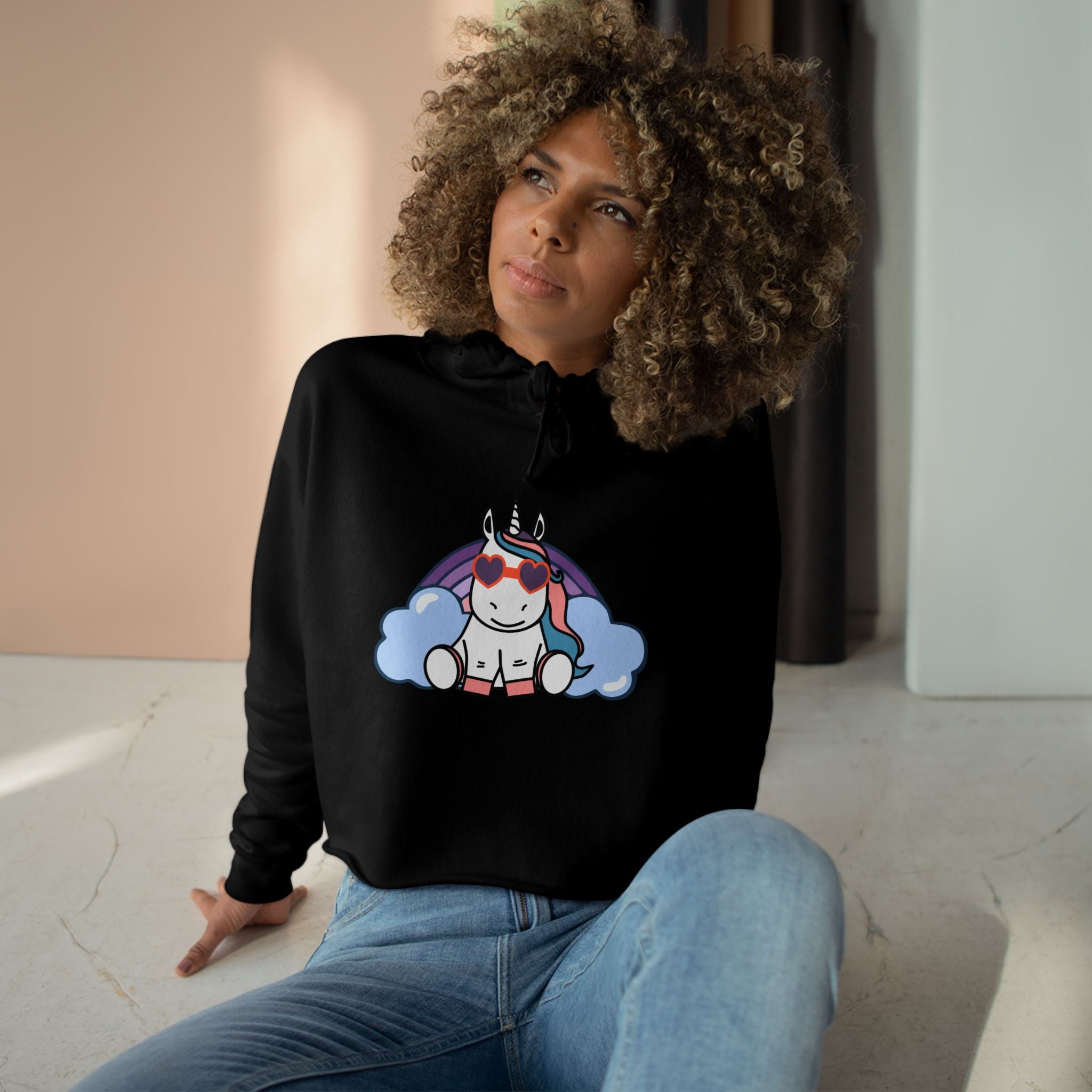Unicorn with Rainbow Crop Hoodie - Magical Fantasy Lightweight Sweatshirt, Teens Girls Fashion Pullover, Colorful Trendy Jumper, Cute